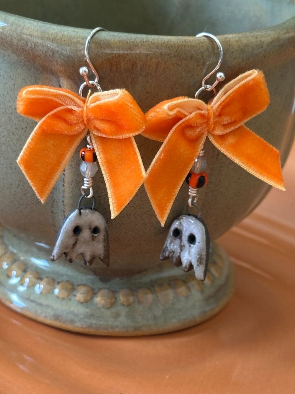NEW Handmade Ghost Earrings-Sterling Silver, Velvet & Ceramic-Orange & Cream
